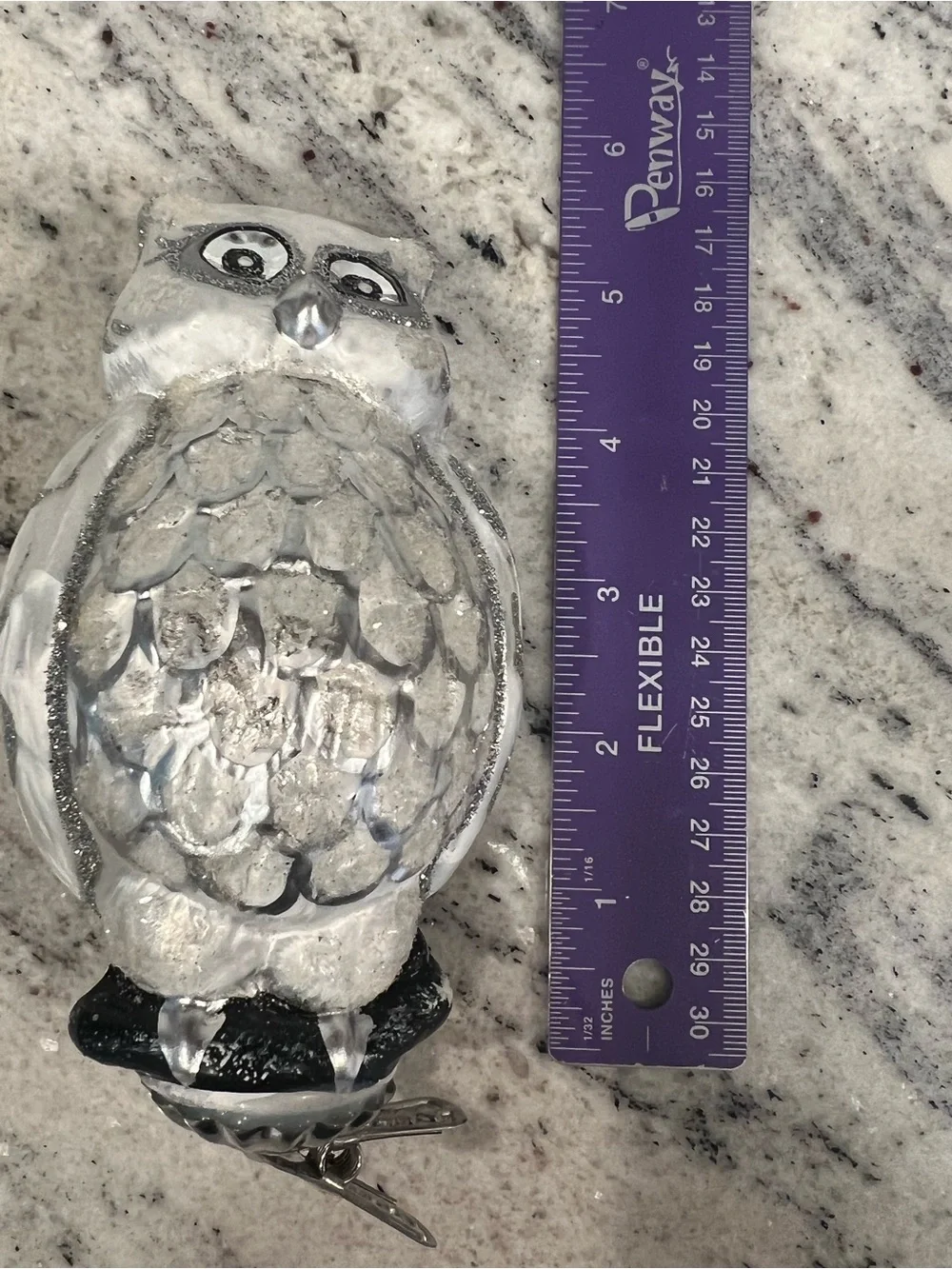 Large Vintage Silver and White Decorative glass Owl with clip ornament or decor